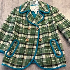 Tabitha Green and Cream Plaid Coat with Teal Trim